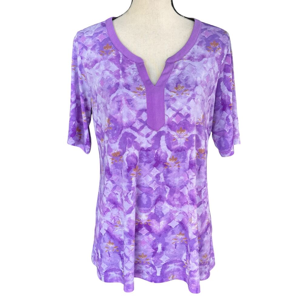 Susan Graver Petite Medium PM Top Abstract Stretch Elbow Sleeves V-Neck Pullover